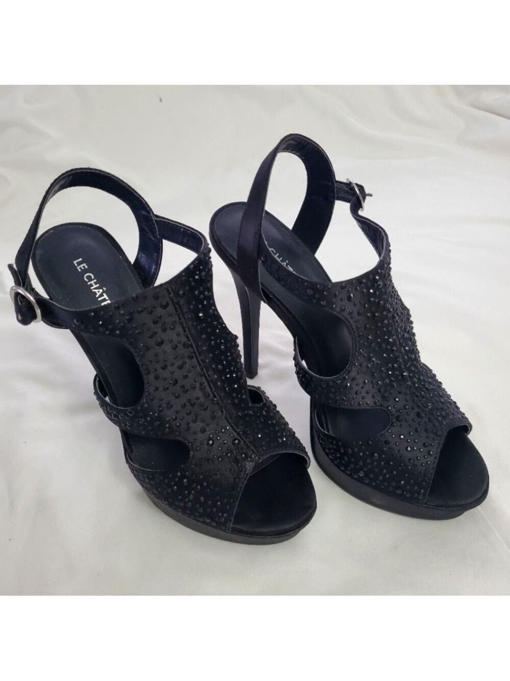 Le Chateau Black Satin Rhinestone Peep Toe Platform Heels Women's Size 7